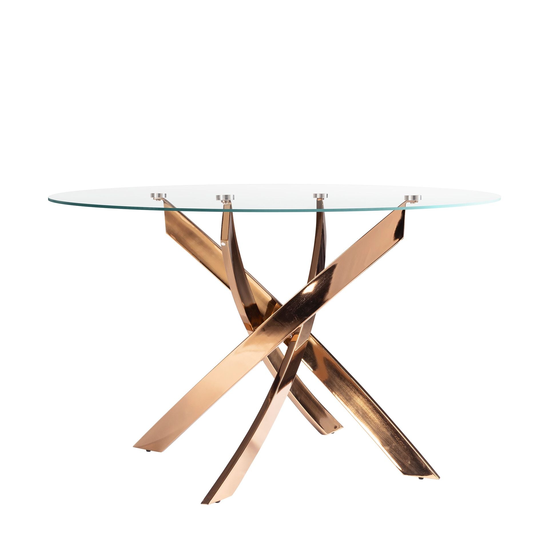 Tavolo da pranzo rotondo in vetro temperato e acciaio rosa