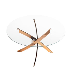 Tavolo da pranzo rotondo in vetro temperato e acciaio rosa