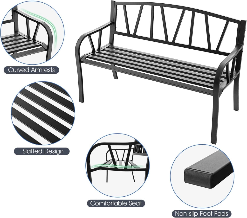 Panca da giardino, a 2 posti, con schienale e braccioli, in metallo, portata fino a 300 kg, per balcone, giardino, terrazza, colore nero (modello 1, 128 x 55,5 x 86 cm)
