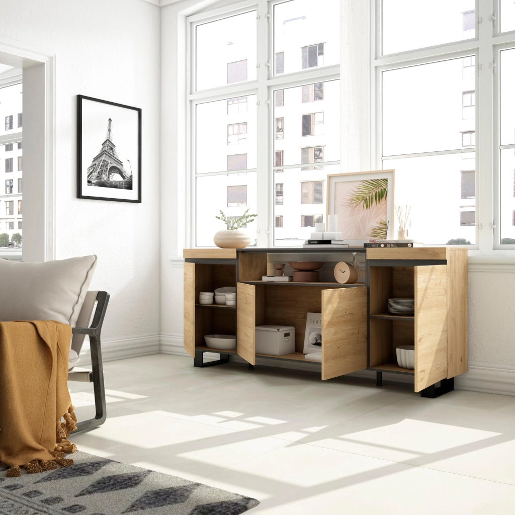Credenza, Mobile, 200x35x87cm, 4 Porte, Design industriale, colore Rovere e nero RF2281