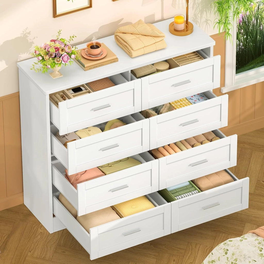 Cassettiera Camera da Letto, Settimino con 8 Cassetti - Comò Bianco Moderno e Salvaspazio, Ideale per Soggiorno e Ingresso, 107x35x96.5 cm