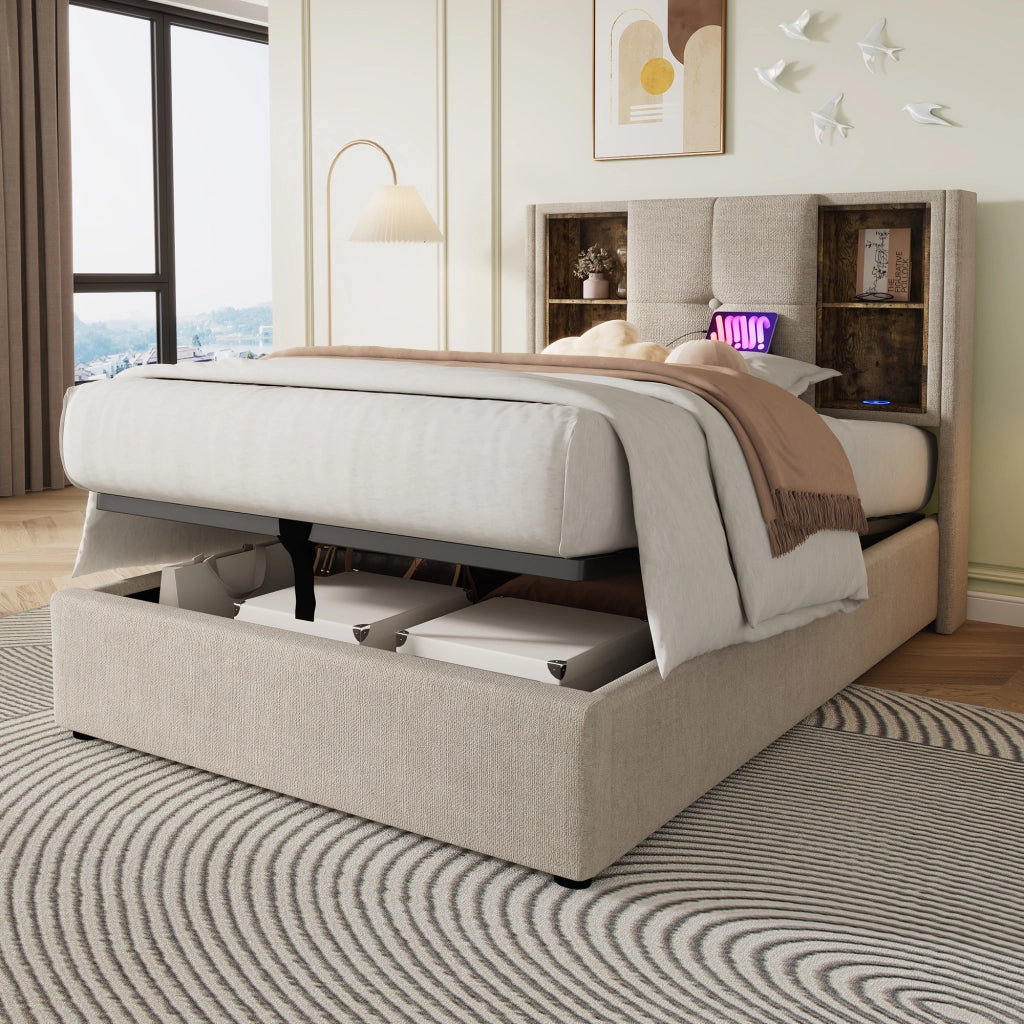 LETTO imbottito con ricarica wireless e USB 90x200 cm Lino Naturale