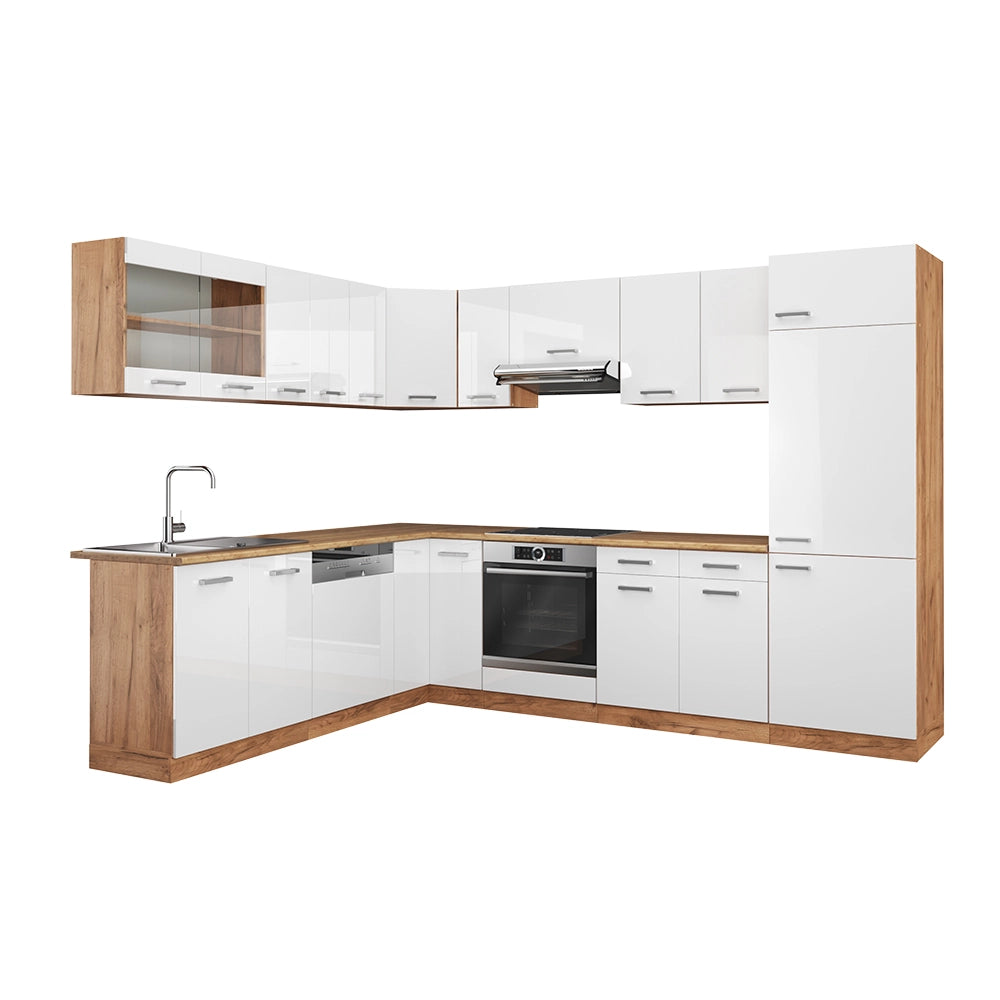 Vicco Cucina angolare completa Bianco lucido/oro power oak 227 x 287 cm senza piano di lavoro