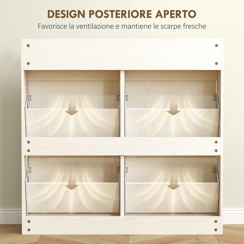 SCARPIERA SLIM IN LEGNO CON 4 CASSETTI A RIBALTA E 2 CASSETTI SCORREVOLI, 98X19.2X95.3 CM, BIANCO
