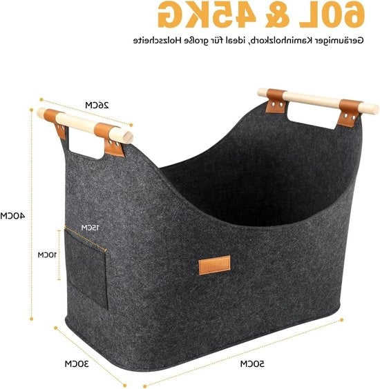 Mangiafuoco in legno XXL 60 litri con imbottitura extra spessa pieghevole e resistente in grigio scuro 50 x 40 x 30 cm