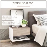 Set di 2 Comodini Sospesi a Parete con Cassetto e Mensola, Arredamento Moderno Camera da Letto, Bianco e Rovere
