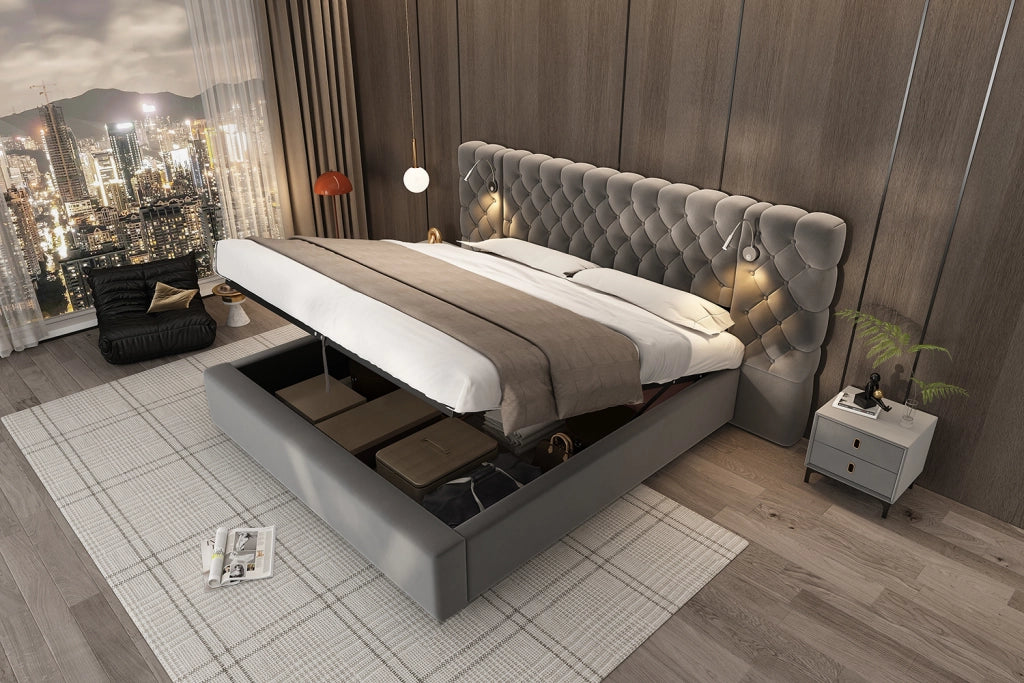 DESMIU Letto contenitore 160 × 200 cm 2 posti con vano idraulico e lampada da lettura, senza materasso, velluto grigio