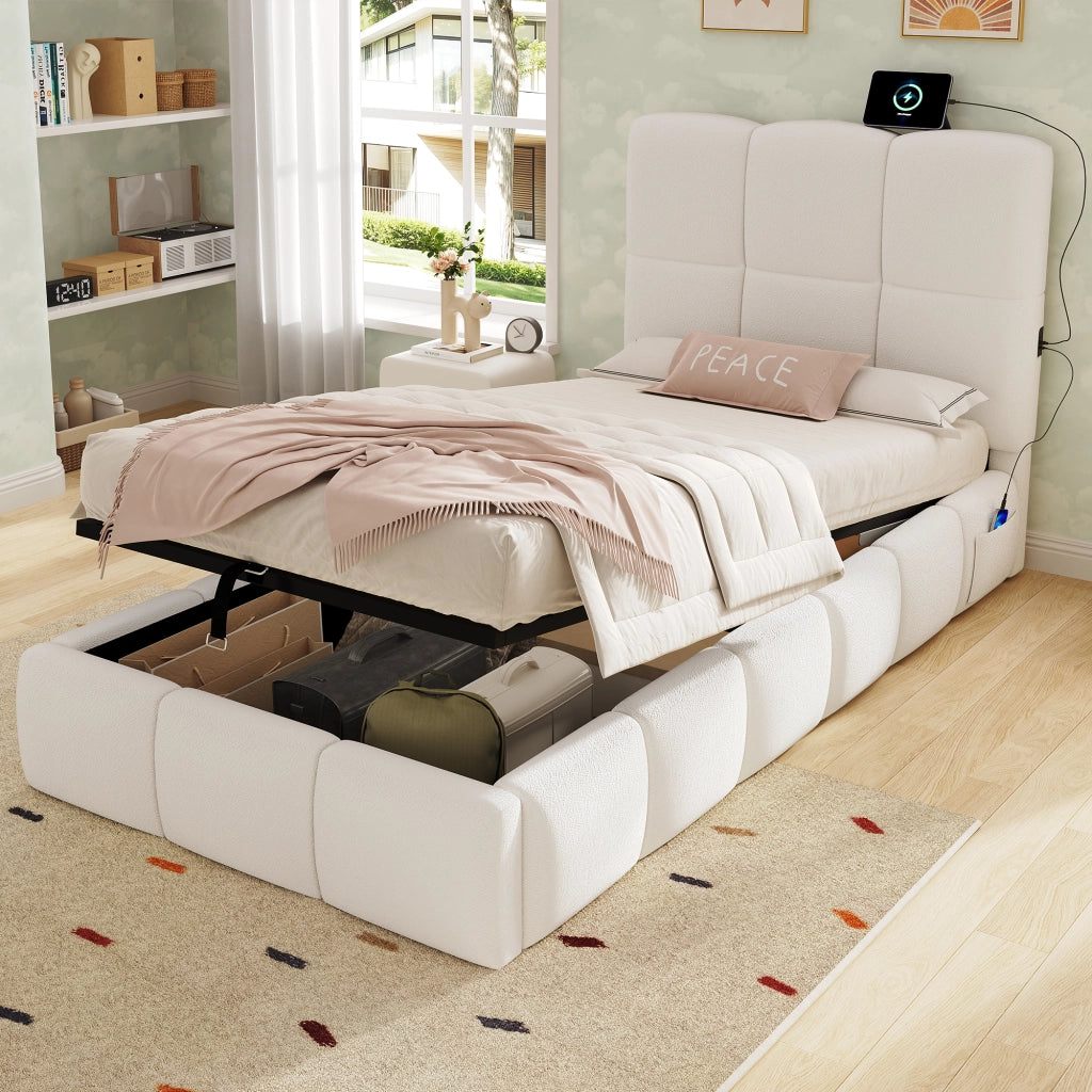 Letto singolo imbottito 90x200 cm con contenitore idraulico, rete a doghe, USB-C e rivestimento bouclé beige