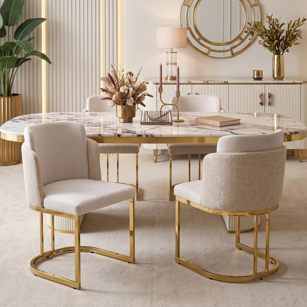 Set di 2 sedie da pranzo in chenille beige e oro con schienale doppio e gambe metalliche