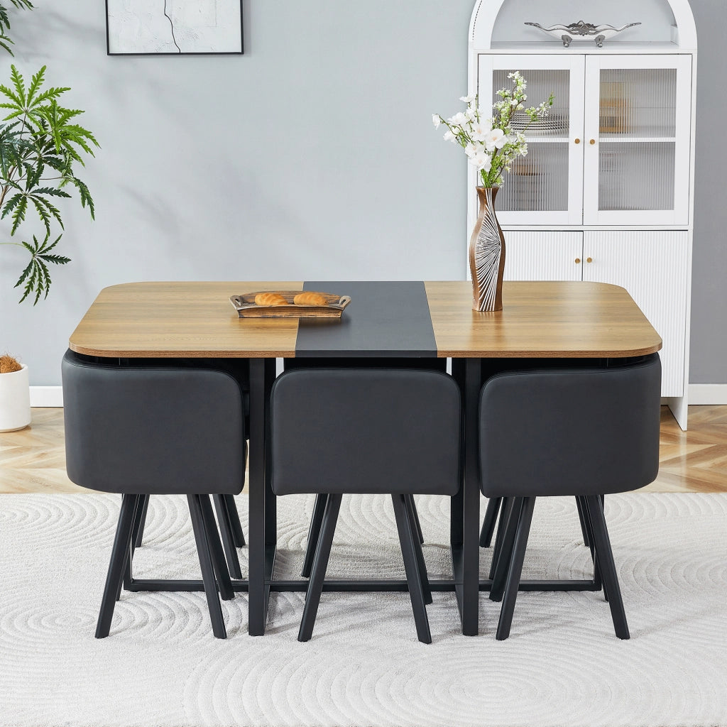 Set da pranzo estensibile con sedie in MDF; metallo e PU; nero e naturale