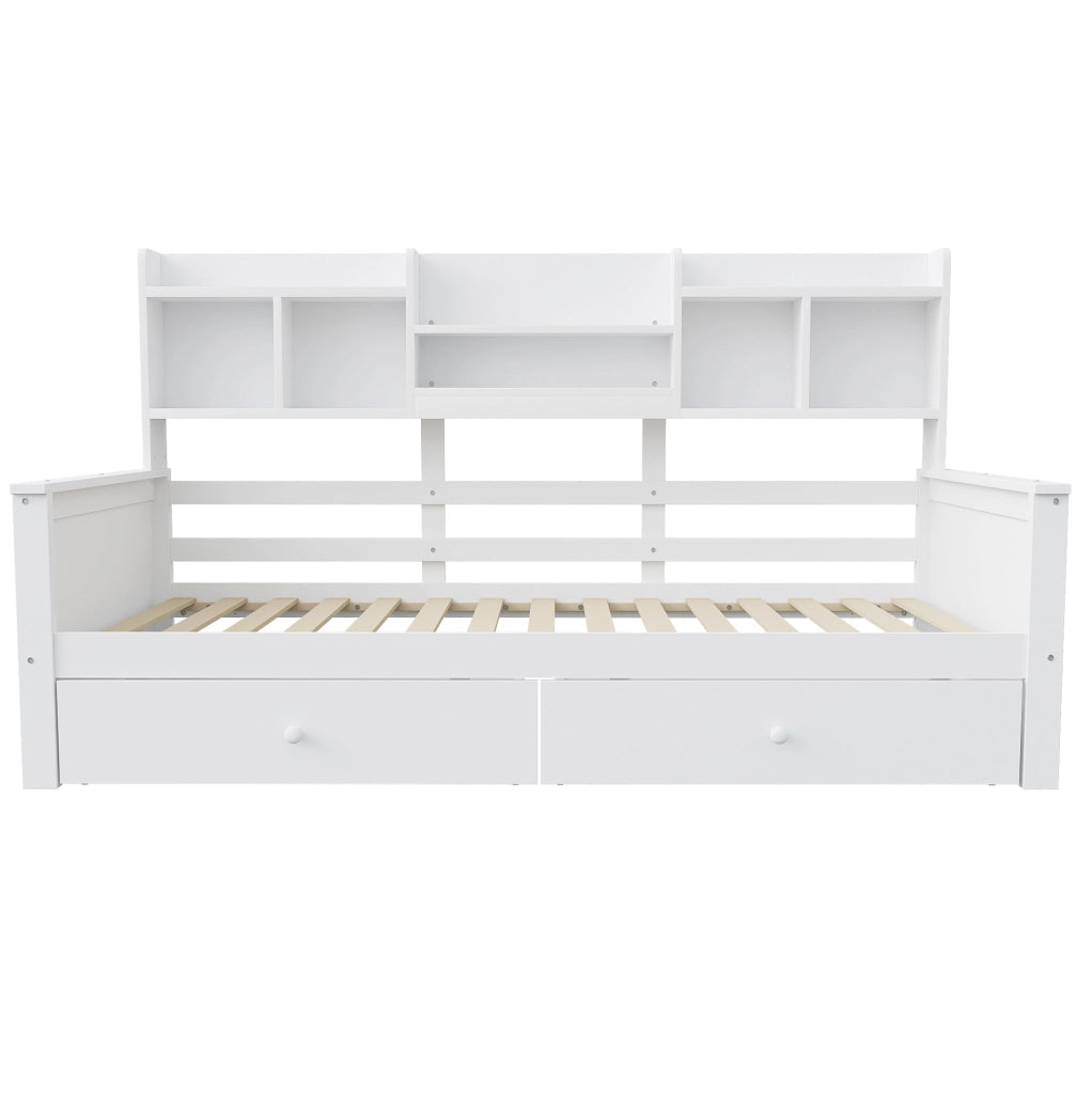 Divano letto singolo 90x200 cm in legno massiccio bianco con 2 cassetti e vani portaoggetti
