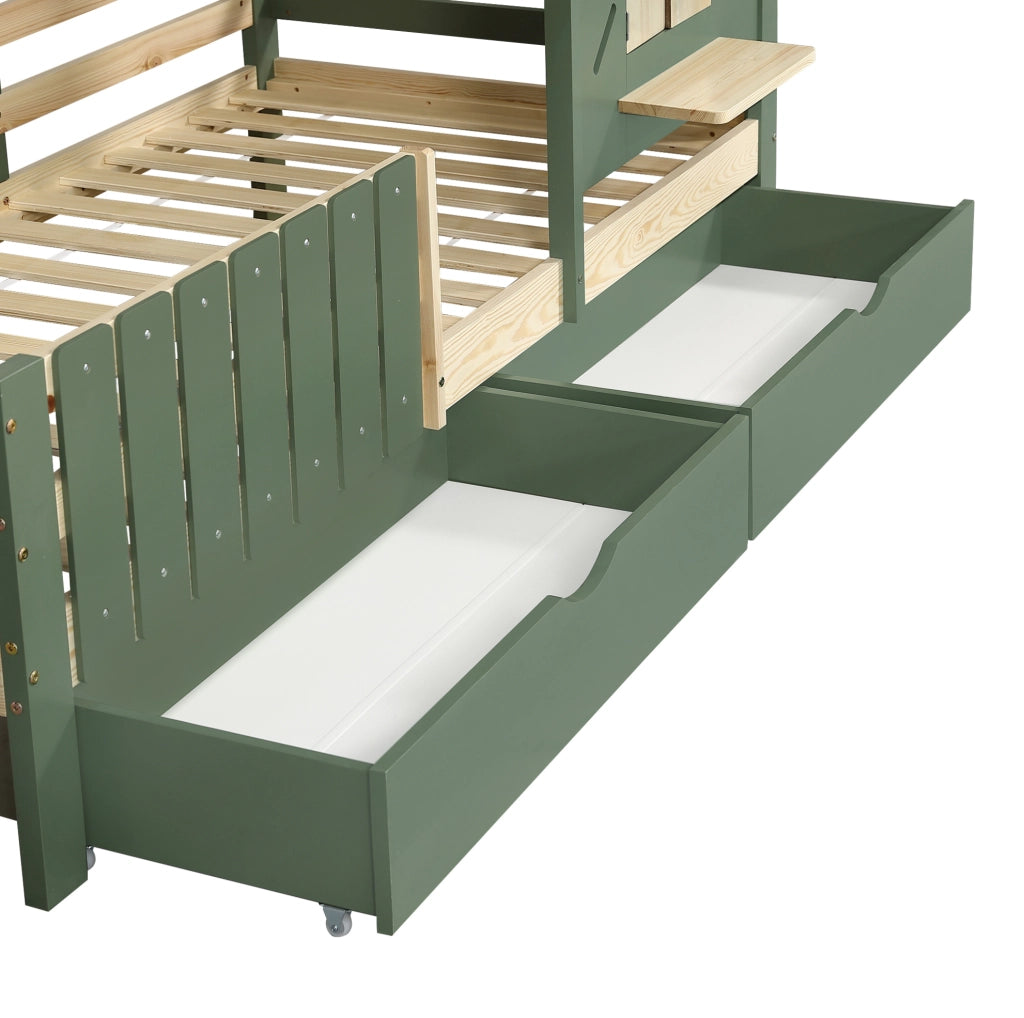 Letto a casetta per bambini verde naturale 90x200 cm con 2 cassetti