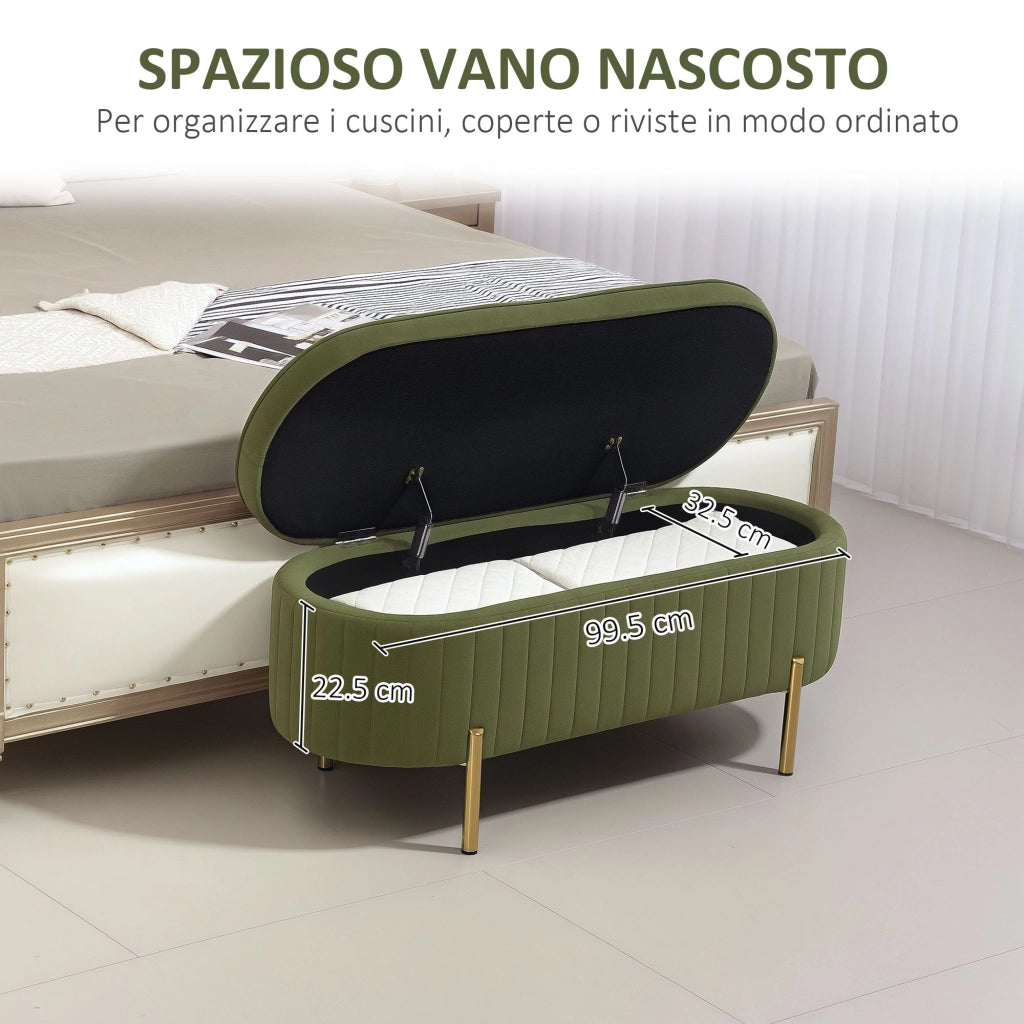 Panca Contenitore Ovale 108x44x43,5 cm da 72L in Tessuto Effetto Velluto Verde