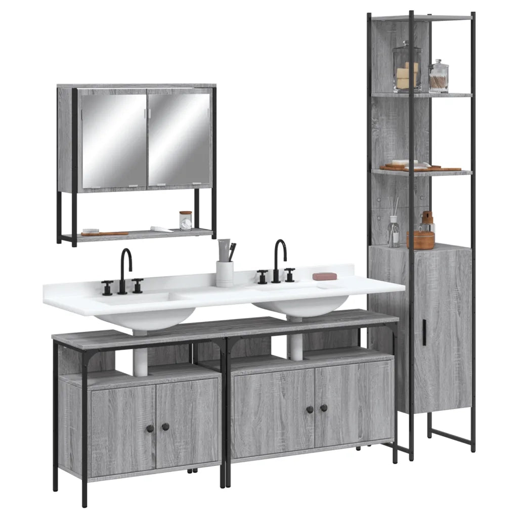 Set Mobili da Bagno | Armadio da bagno 4 pz Grigio Sonoma in Legno Multistrato