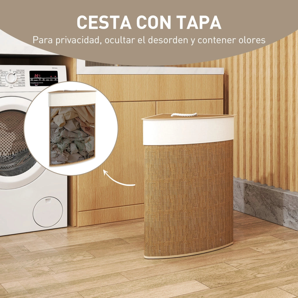 Cestino per Biancheria Sporca Bamb¨´ con Tappo e Manico 55L ¨C Zephmum ¨C 35x35x60 cm Marrone