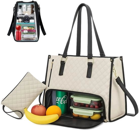 Borsa da ufficio e portatutto 2 in 1 per donne, borsa per laptop 15,6 pollici & borsa da pranzo per donne con compartimento isolato, borsa elegante per lavoro, università e ufficio (beige)