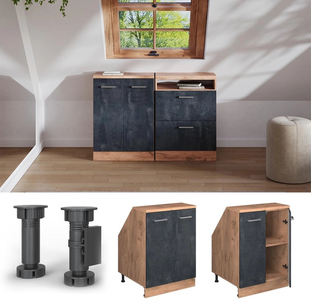 Mobile sottotetto Rion, Calcestruzzo nero, 60 x 81.6 cm con 2 porte, carcassa 60 cm profondità, adatto per il salvaspazio sotto tetti spioventi
