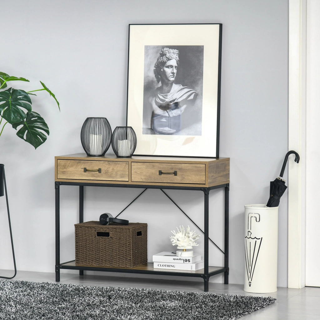 EasyComfort Tavolo Consolle Stile Vintage in Metallo e Legno con 2 Cassetti e Mensola, 100x35x76.5cm, Marrone