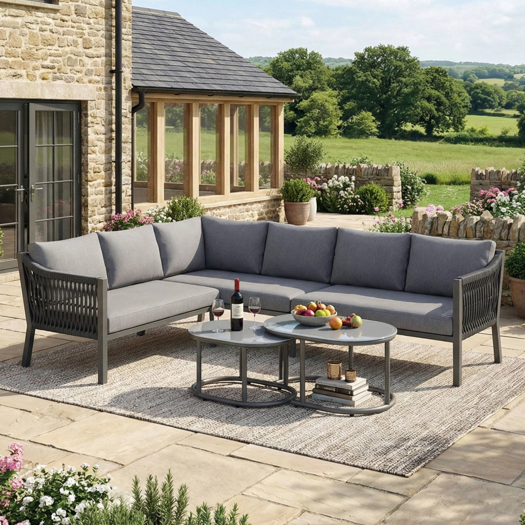 Set da Giardino 6 Posti con Tavolino, Divano e Tavolo in Vetro ¨C MINIMAL ¨C Acciaio, Corda Intrecciata, Grigio