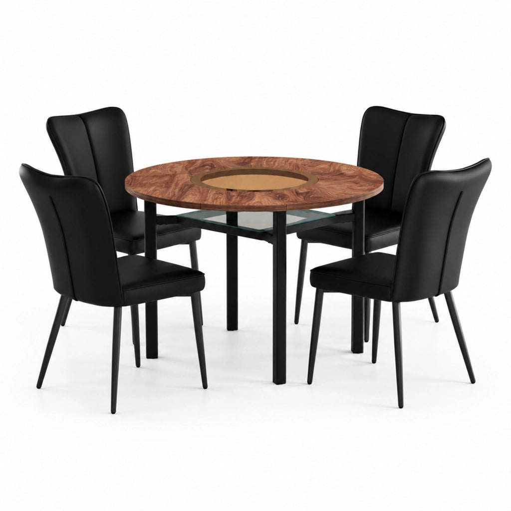 Set tavolo da pranzo e sedie con 1 tavolo rotondo e 4 sedie; ripiano in vetro; metallo e PU marrone e nero