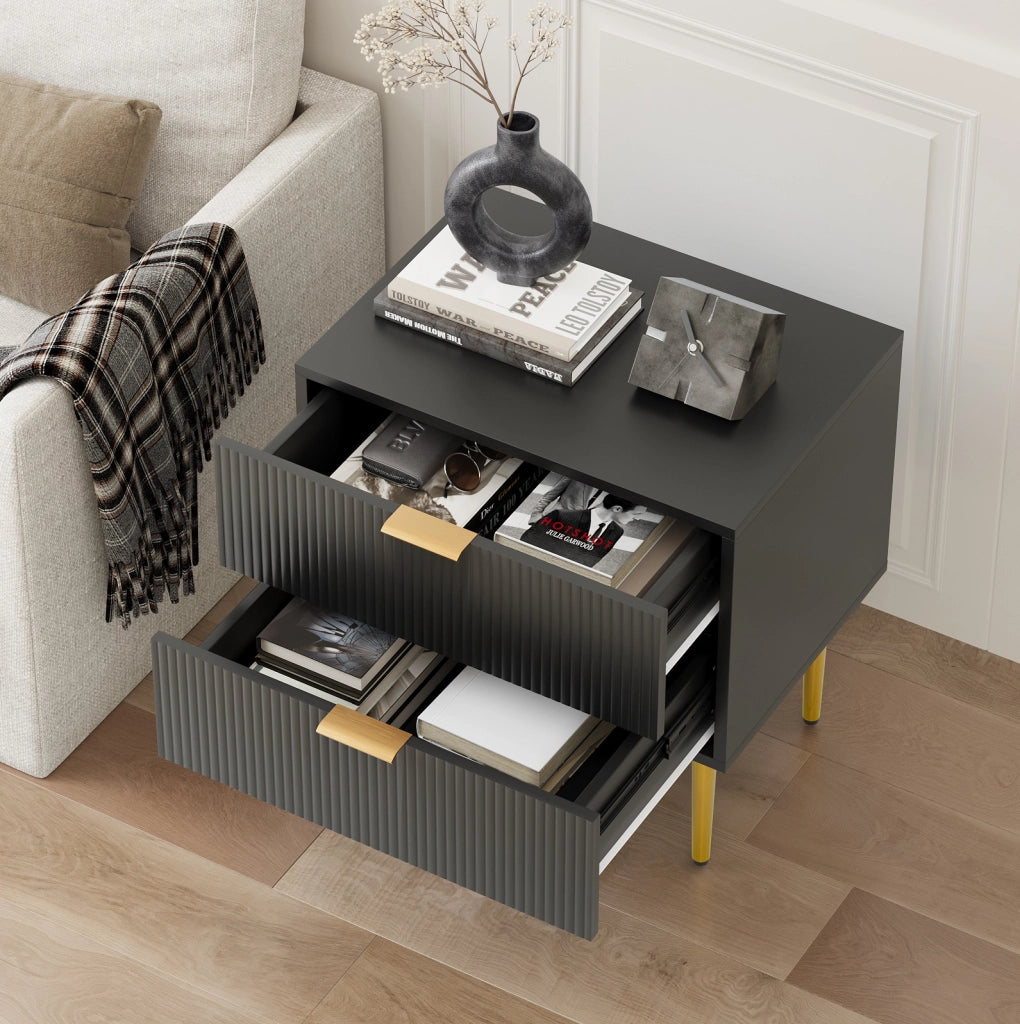 Comodino 64.5x48.0x15.0 cm con 2 cassetti; design a scanalature verticali; MDF e metallo; nero