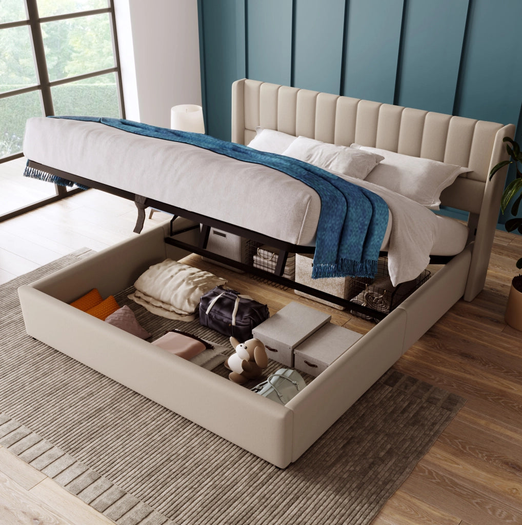 Letto matrimoniale imbottito con contenitore e sistema idraulico 160x200 cm; in lino beige