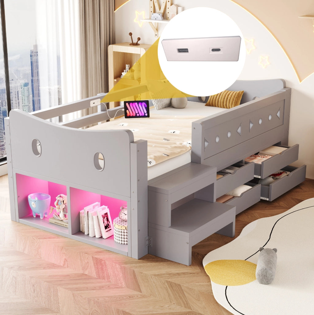 Letto singolo per bambini grigio 90 x 200 cm con cassetti, LED e prese USB