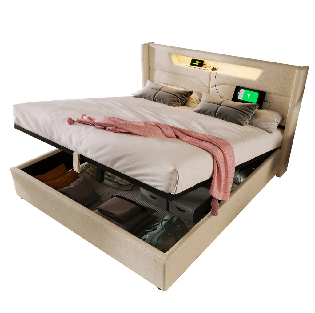 Letto 160x200 cm con contenitore; LED e USB in lino beige