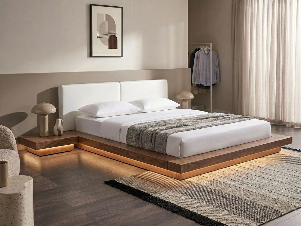 Letto LED in stile giapponese in frassino marrone 180 x 200 cm testata in legno impiallacciato MDF testata in pelliccia sintetica