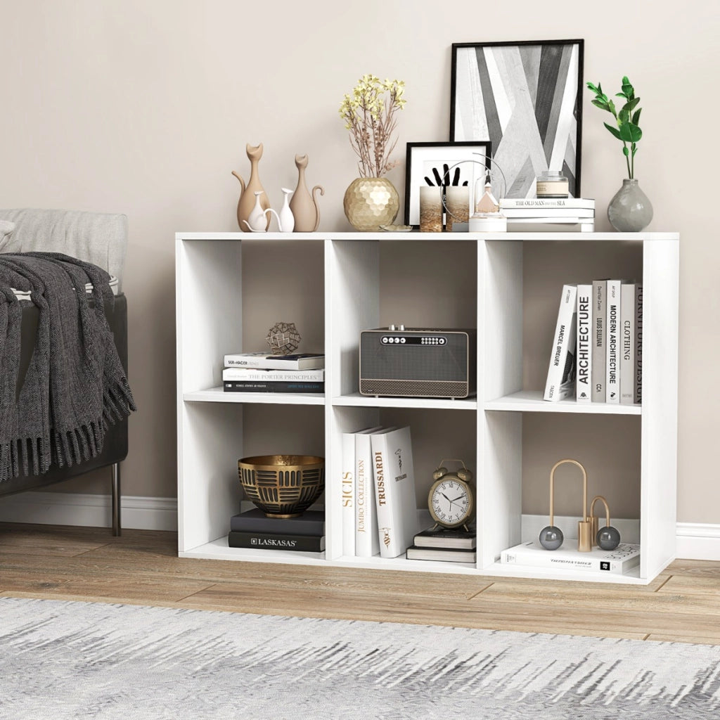 Libreria a 6 cubi aperta stile rustico con kit anti-ribaltamento, Mobile per la casa a 2 livelli espositivo Bianco