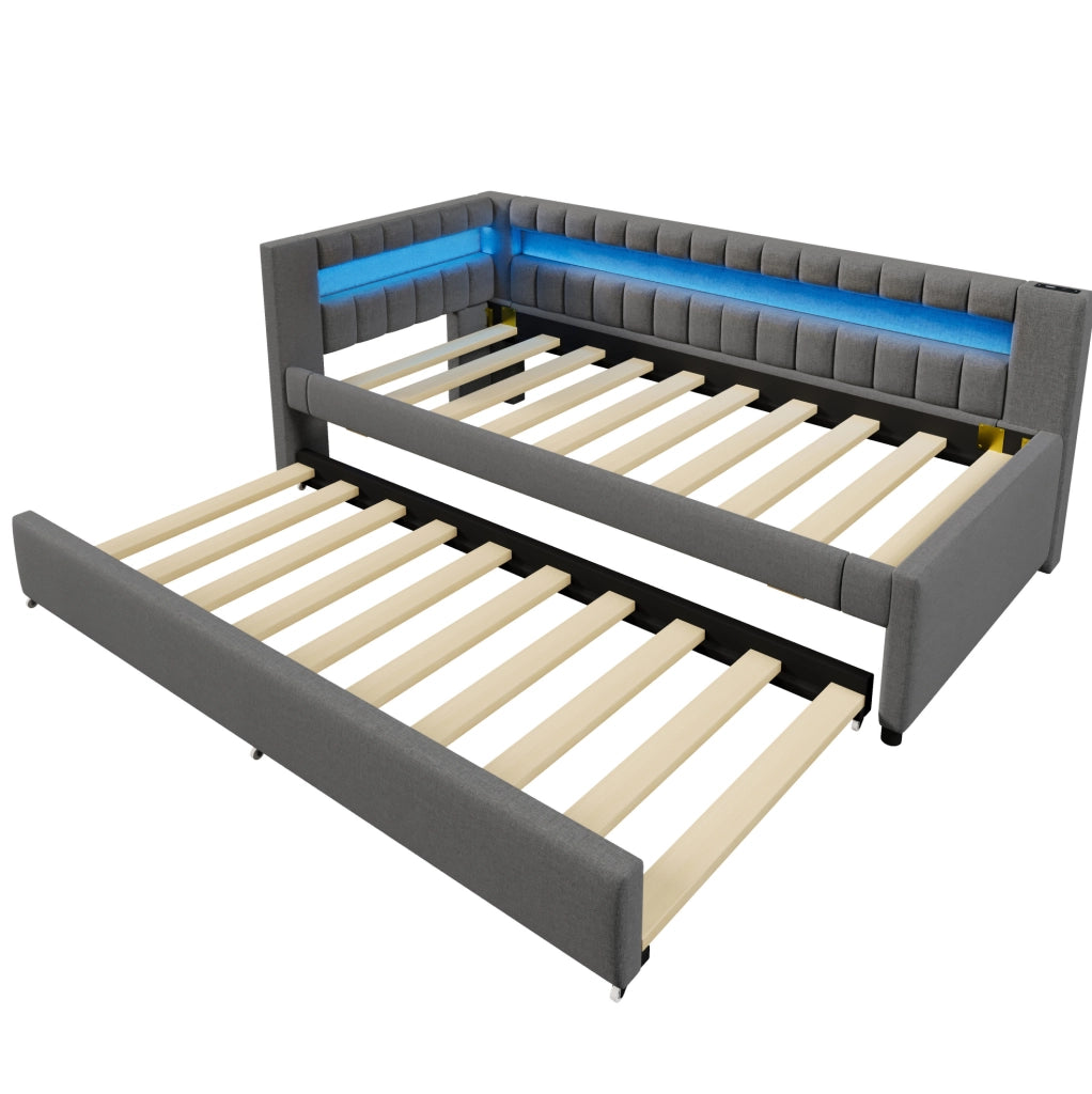 Letto 90x200 cm con letto estraibile; LED e USB Type-C in lino grigio