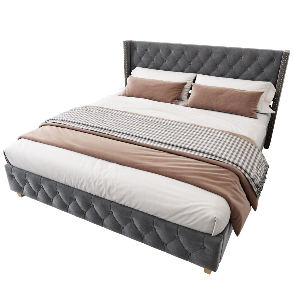 Letto Adulto 140 x 190 cm; Letto Matrimoniale Imbottito con Testiera Trapuntata; senza Materasso; Velluto Grigio