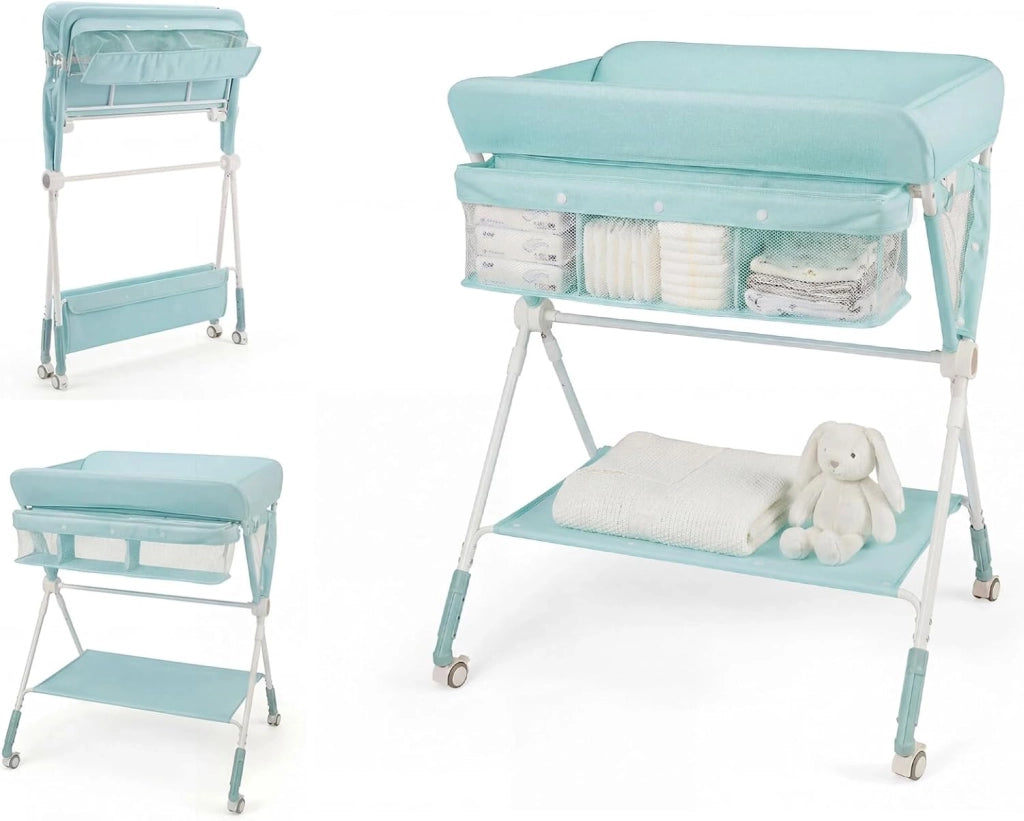 Fasciatoio Pieghevole per Bambini, Fasciatoio Portatile con Altezza Regolabile a 3 Livelli, Fasciatoio Neonato con Ruote di Bloccabili, Ripiano, Porta Asciugamani, per 0-12 Mesi (Verde)