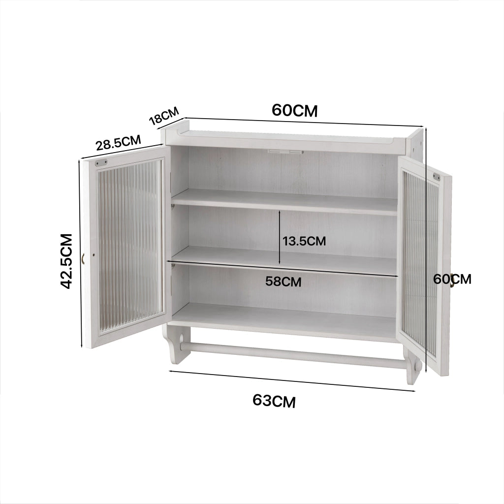 Pensile con 2 Ante; 3 Ripiani e Portasciugamani per Bagno in Legno; 63 × 18 × 60 cm; Bianco Decapato