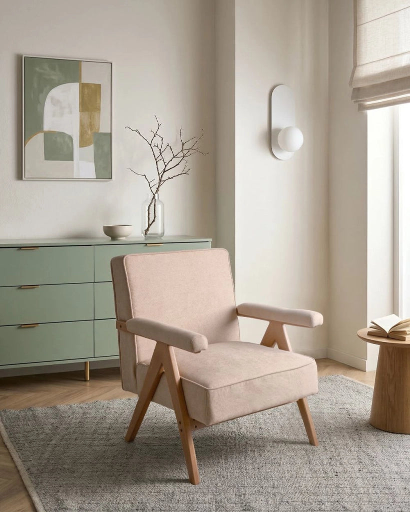Poltrona in tessuto effetto lino tortora design retrò struttura in legno braccioli per soggiorno