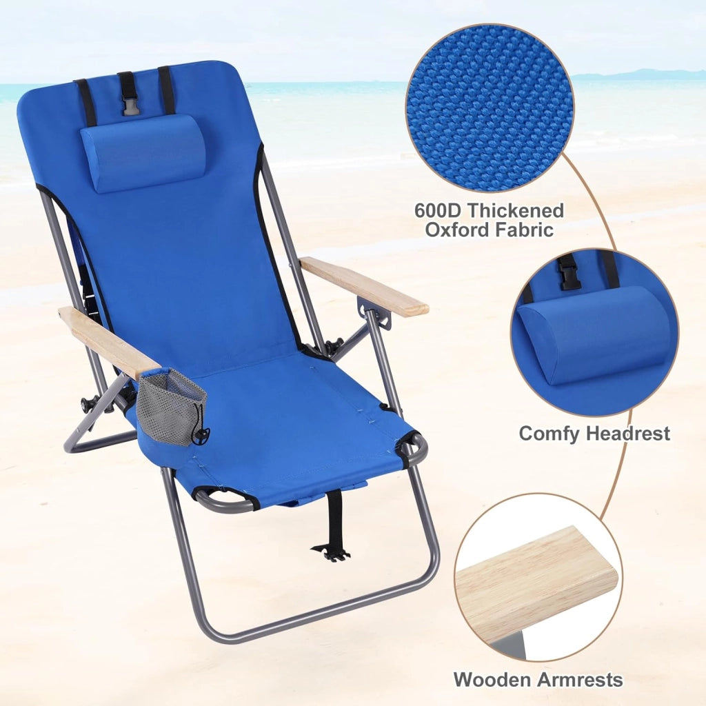 Sedia da Pesca, Sedia da Campeggio Richiudibile Pieghevole da Esterno con Tasca, Poggiatesta Rimovibile, Schienale Reclinabile, per Picnic, Spiaggia, in Oxford e Metallo, Blu