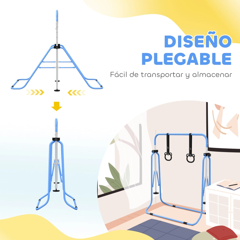 Sbarra per ginnastica bambini regolabile ¨C zephmum ¨C 5 livelli, anelli, blu, plegabile