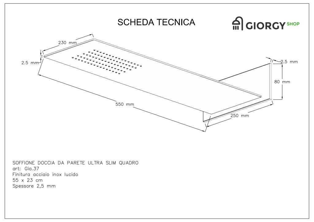 Kit Doccia 2 Vie Soffione Acciaio Inox Slim 2,5 mm + Presa Acqua + Flessibile + Doccino Soffione Rettangolare 55x23 cm