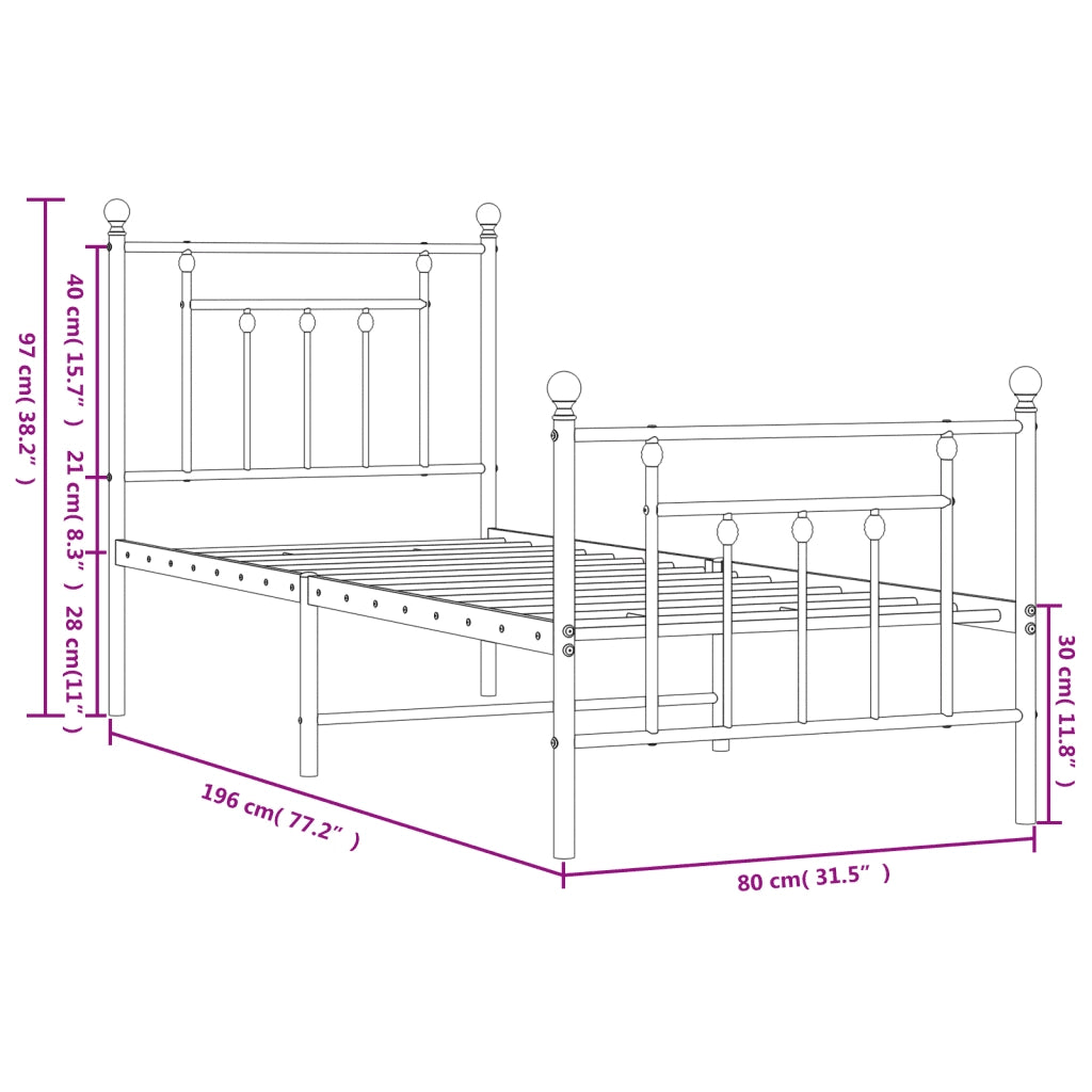 Letto singolo | Letto per adulti | Giroletto con Testiera e Pediera Metallo Nero 75x190 cm