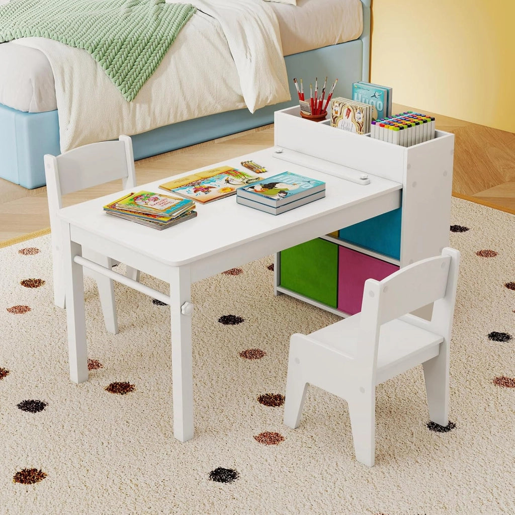 3 in 1 Set Tavola d’Arte e 2 Sedie per Bambini, Tavolo in Legno con Rotolo di Carta per Disegnare, Mobile Montessori per Cameretta con Ripiani e 4 Cassetti in Tessuto Salvaspazio (Bianco)
