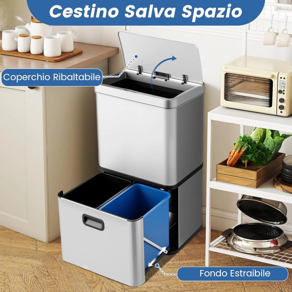 56L Pattumiera Differenziata, Pattumiera in Acciaio Inossidabile a 3 Scomparti con Coperchi, Sensore di Movimento, Coperchio a Chiusura Lenta per Cucina Soggiorno Ufficio (Argento)