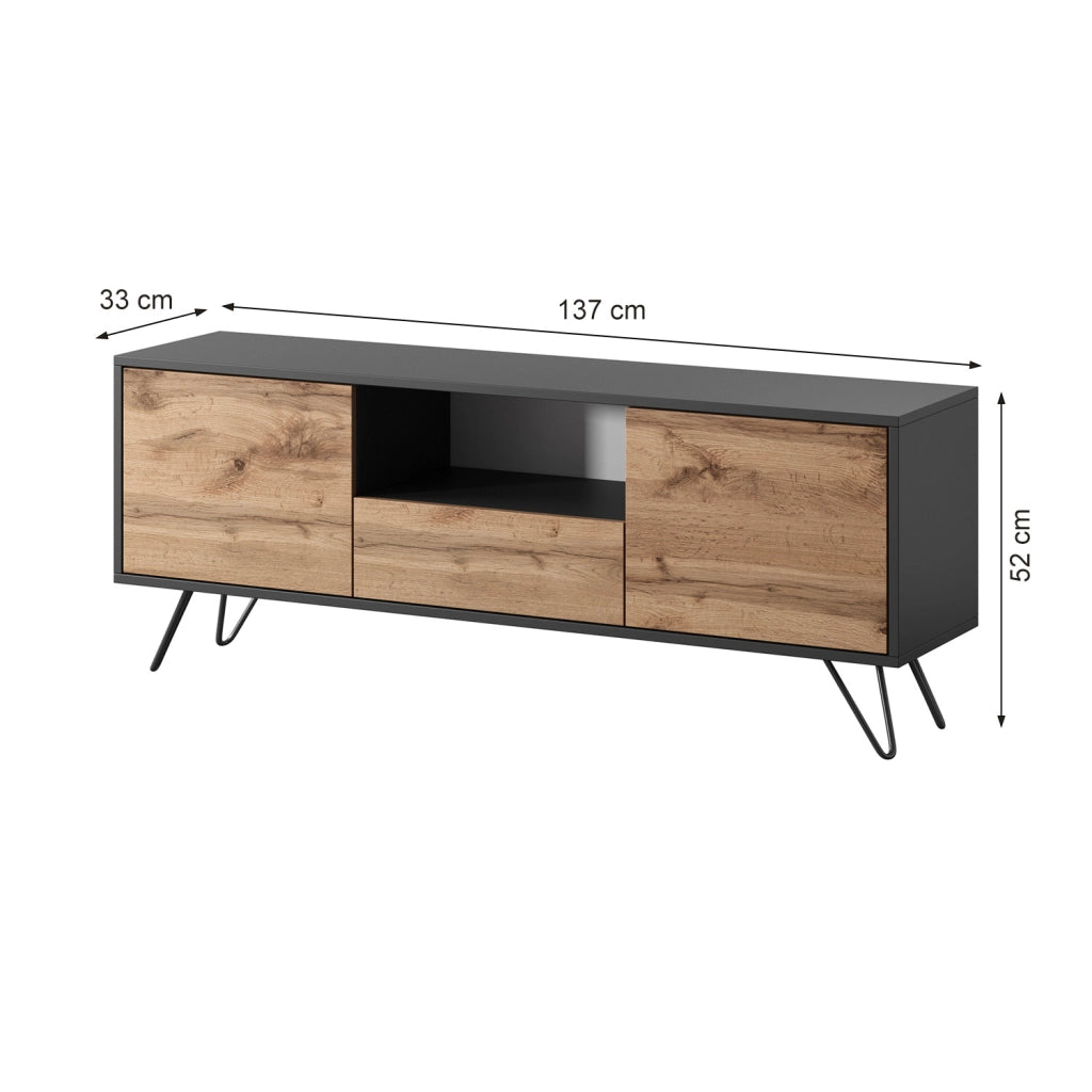 Mobile TV Con 2 Ante Battenti Anta A Ribalta E Vano A Giorno Design Minimal Moderno Per Soggiorno Salotto Sala Da Pranzo E Zona Living 137 x 52 x 33 cm Nero E Rovere