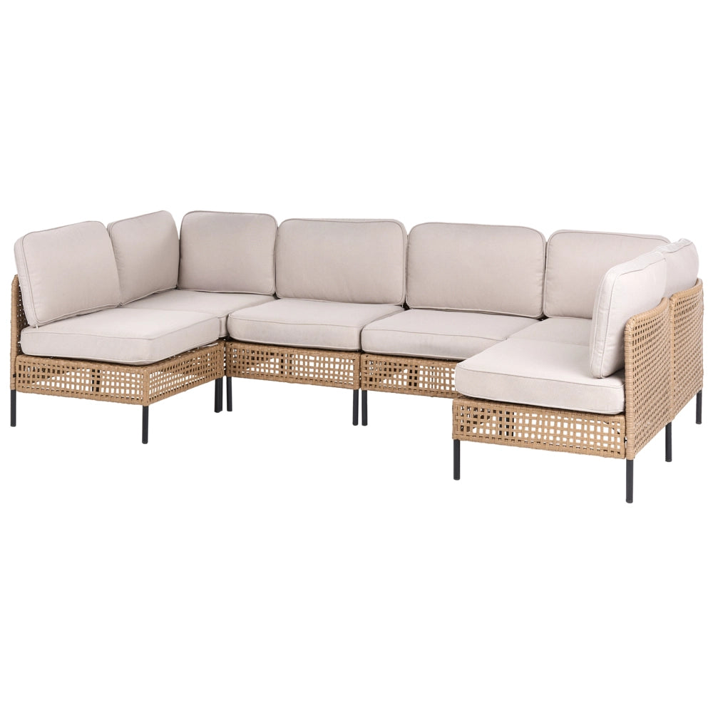 Divano modulare da giardino a forma di U beige chiaro in rattan PE 6 posti con tavolino in vetro struttura in metallo e cuscini stile moderno