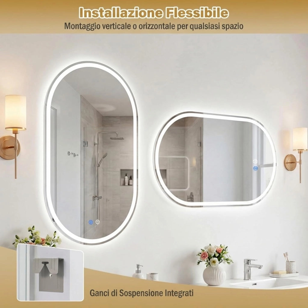 Specchio Bagno con Luce 90 x 55 cm, Specchio Ovale da Parete in Vetro Temperato IP44 con 3 Colori Dimmerabile, Antiappannamento, Memoria, Orizzontale/Verticale (90 x 55 cm, Modello 2)