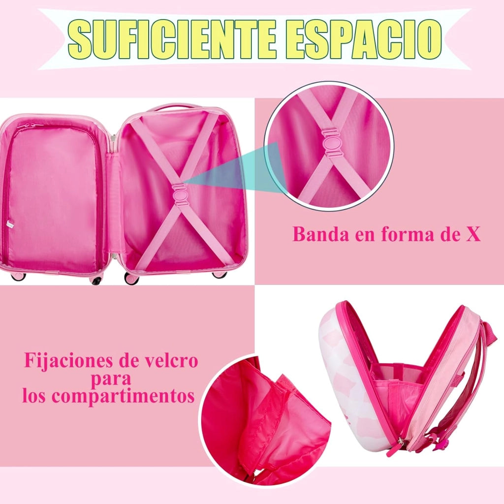 Set di Valigia 16’’ + Zaino 12’’ per Bambini 2 Pezzi, Bagagli 2-in-1 con Zainetto da Viaggio Aereo, Trolley con Maniglia Telescopica e 4 Ruote a 360° (Rosa Unicorno-A)