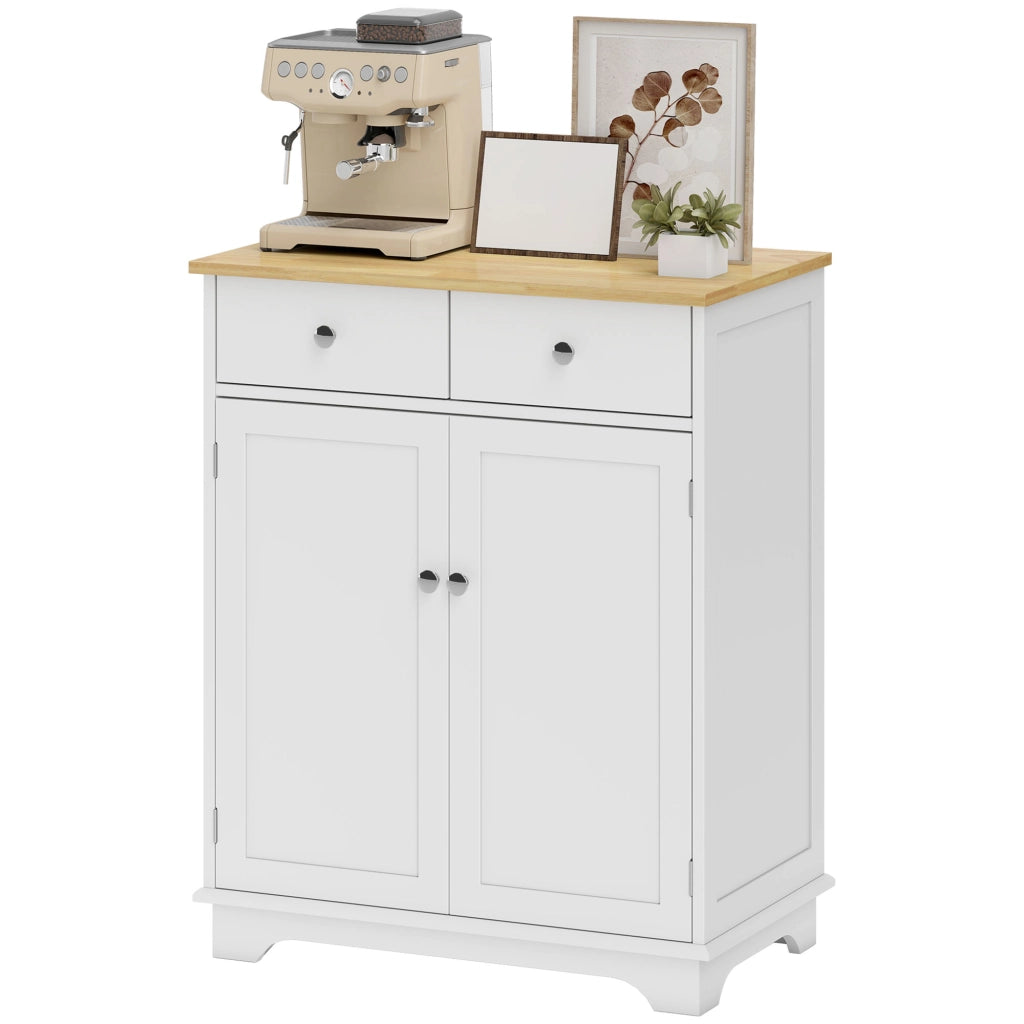 Credenza Bassa con Armadietto 2 Ante. Ripiani Regolabili e 2 Cassetti. Bianco e Legno