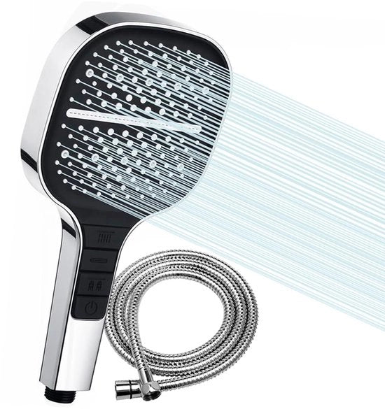 Regendouchekop con manico, douchi adattabile con tubo 1,5 m, 7 tipi di getto e sbriciolatoi in silicone anticalcare, douchi a risparmio d'acqua, con manico universale cromato e senza attrezzi da installazione.