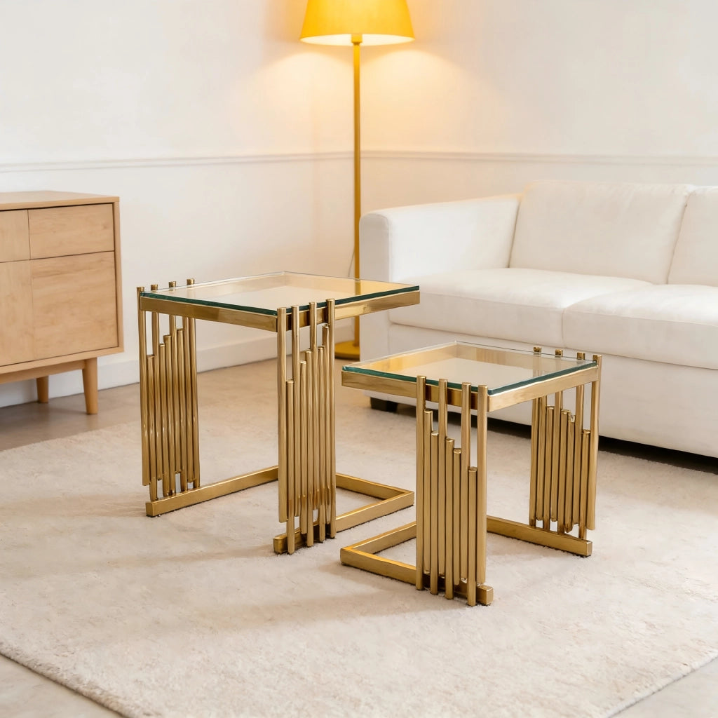 TAVOLINO Set da 2 pezzi quadrato 41 x 41 x 46 cm vetro temperato trasparente oro