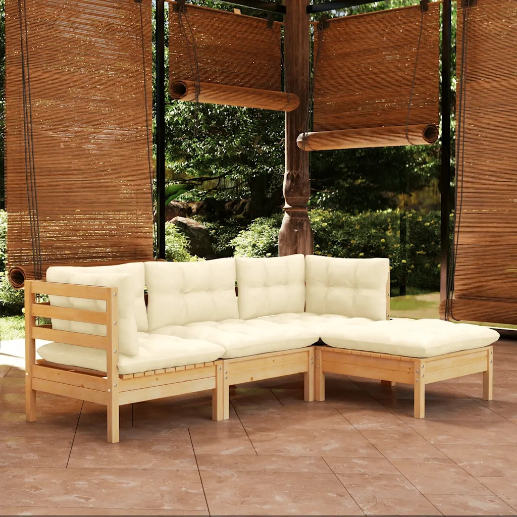 Set Salotto da Giardino 4 pz | Set di Mobili da Esterno con Cuscini Crema in Legno di Pino