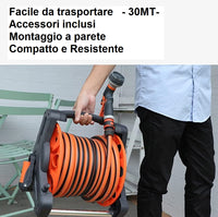 Avvolgitubo da Giardino 30mt PVC con Pistola 10 Funzioni e Supporto Parete